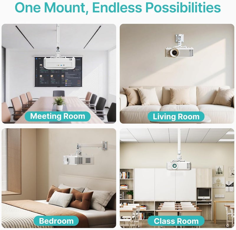 PEGZONE Projector Ceiling Mount with Extension Pole, Wall&Ceiling Adjustable Bracket 3-in-1, Universal Projector Holder for Home Theater & Office, 44lbs, Compatible with Epson/Optoma, White - Image 5